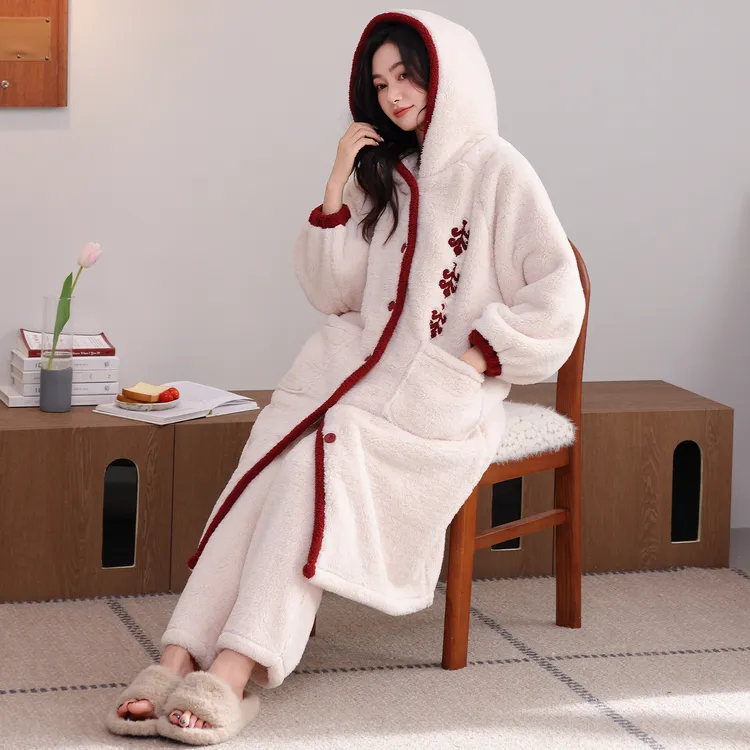 圆巧睡衣女冬季加长睡衣两件套连帽青年家居服冬天保暖睡衣
