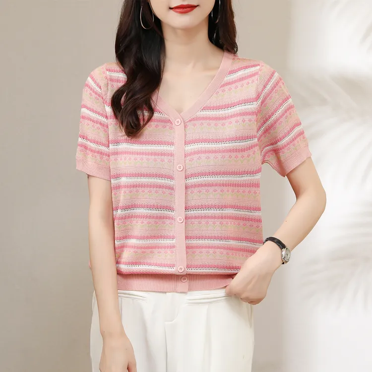 洋气钩花镂空短袖女夏季薄款V领套头假开衫打底T恤女宽松针织上衣