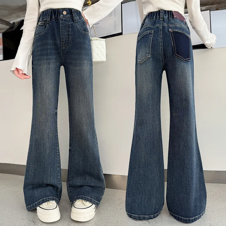 女童牛仔喇叭裤春秋2025新款儿童加绒裤子女大童秋冬微喇裤初中生