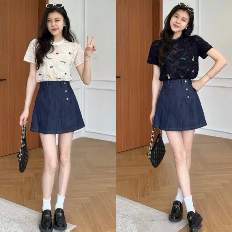 巨好看的夏日套装2025新款韩系时尚减龄刺绣短袖T恤半身裙两件套