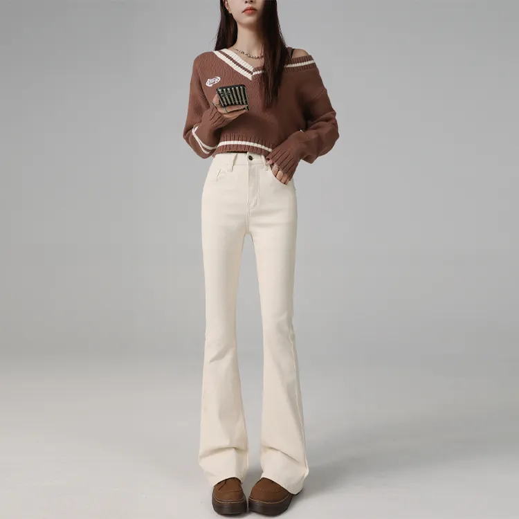 米白色高腰弹力微喇牛仔裤女2025春季新款百搭修身显瘦马蹄喇叭裤