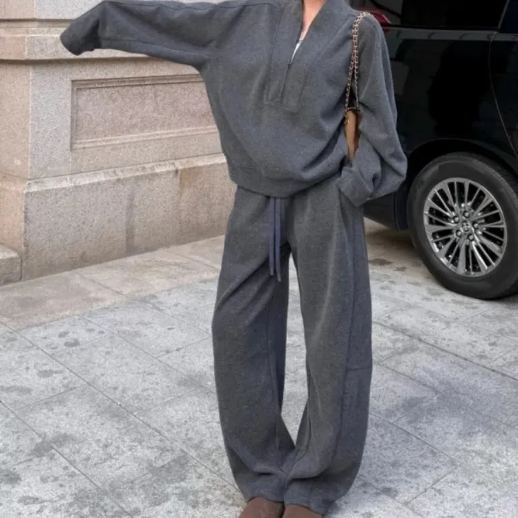 【小李专属】老钱松弛感！拉链套头长袖纯色卫衣松紧腰宽松休闲弯刀裤时尚套装
