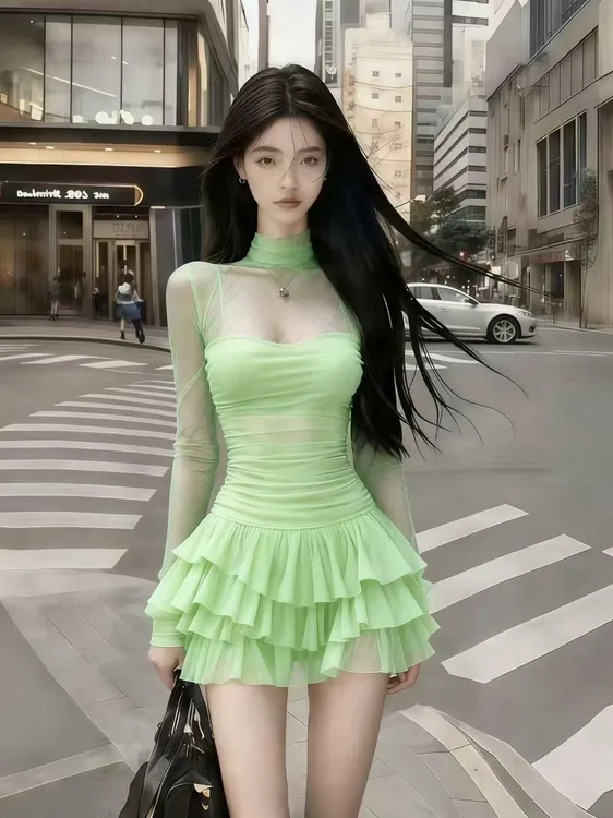 轻奢气质名媛纯欲浅绿色半高领网纱拼接微透氛围感气质辣妹连衣裙