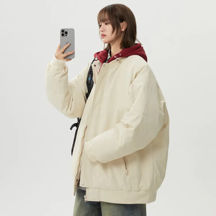 冬季美式高街假两件连帽棉衣女生潮流宽松防风保暖棉服百搭男外套