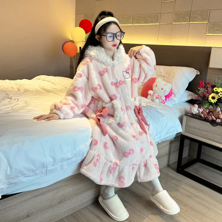 女童睡袍公主风冬季2025新款初中生女孩加绒家居服儿童珊瑚绒睡衣