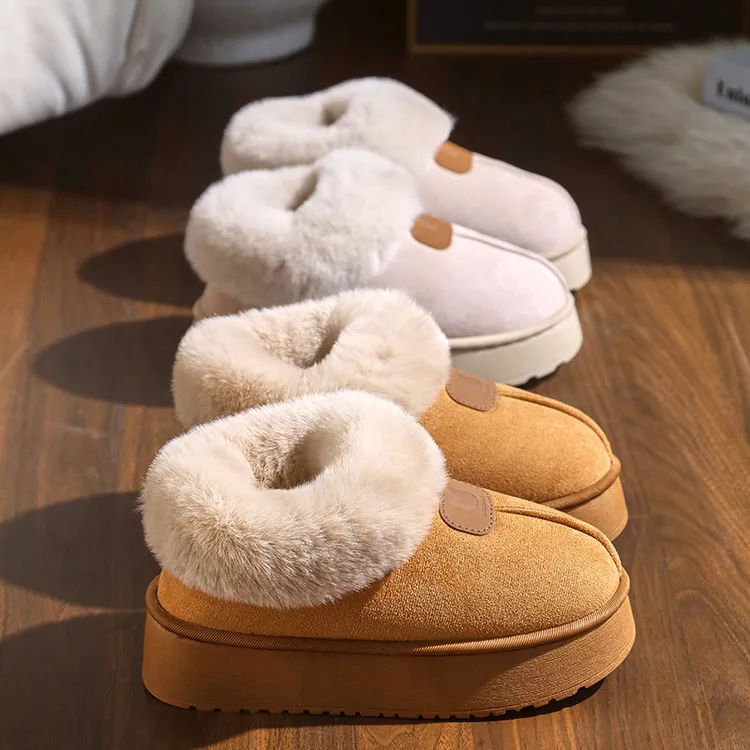 网红新品秋冬季毛毛拖鞋雪地靴外穿时尚厚底防滑软底加绒棉拖鞋女