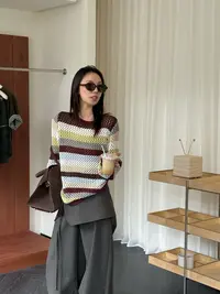 耶耶YEYE|“理想三旬”25早秋彩色条纹镂空针织套头毛衣