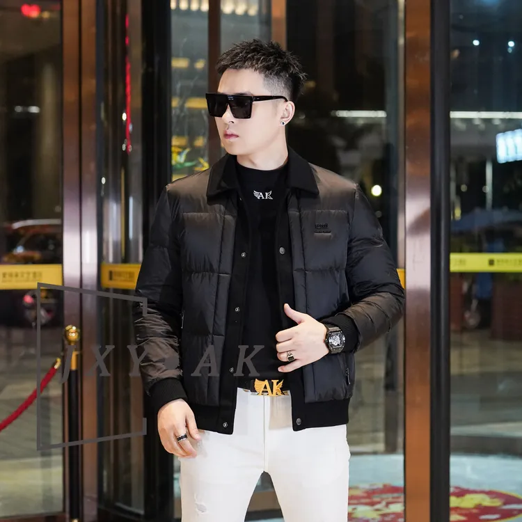 AK/2025冬季新款男士翻领羽绒服白鸭绒防寒保暖潮流纯色百搭外套