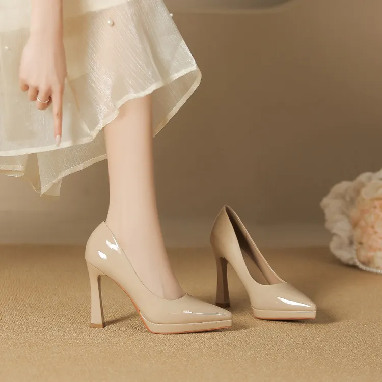 防水台走秀超高跟裸色女职业粗跟2025年新款气质尖头浅口12cm单鞋