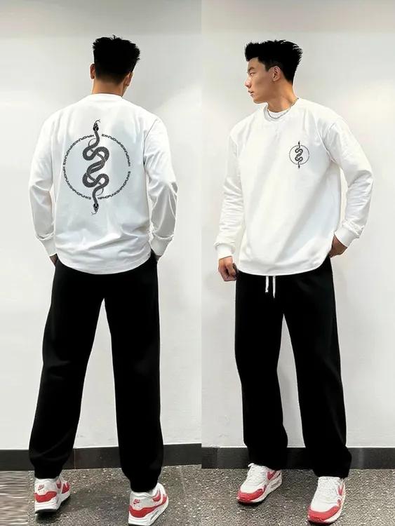 男长袖T恤秋冬上衣重磅纯棉银蛇缠绕印花轻奢痞帅宽松百搭休闲T恤