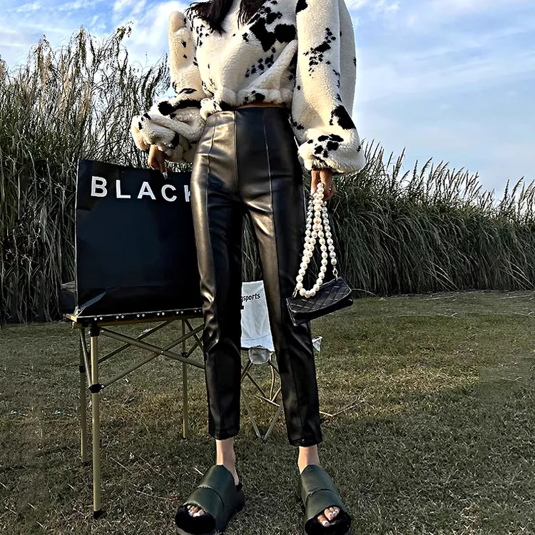 pu皮裤女2025新款秋冬款外穿打底裤小个子高级感欧货九分小脚裤子