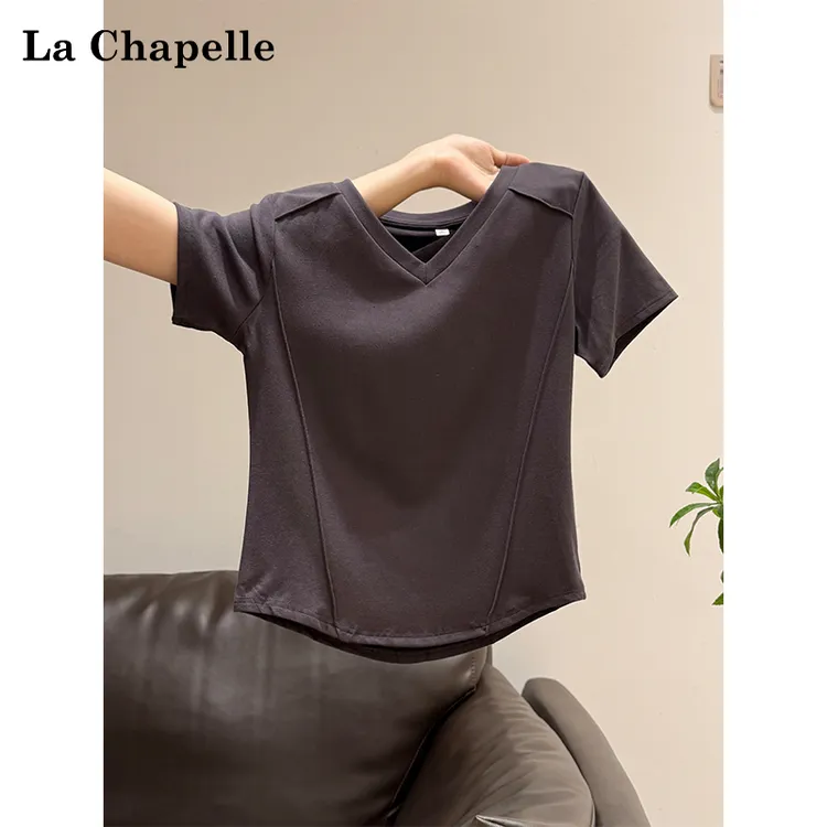 拉夏贝尔基础款休闲V领短袖t恤女2025夏季新款修身显瘦设计感上衣