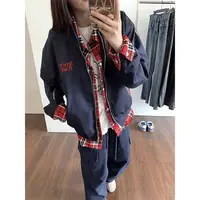 S21 美式复古飞行员藏青色假两件夹克秋冬季设计感衬衫格子外套