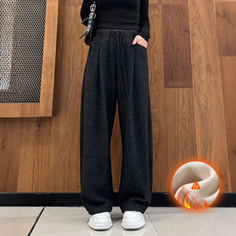 日韩系设计感云朵绒阔腿裤加绒加厚灯笼气球女冬休闲弯镰刀香蕉裤