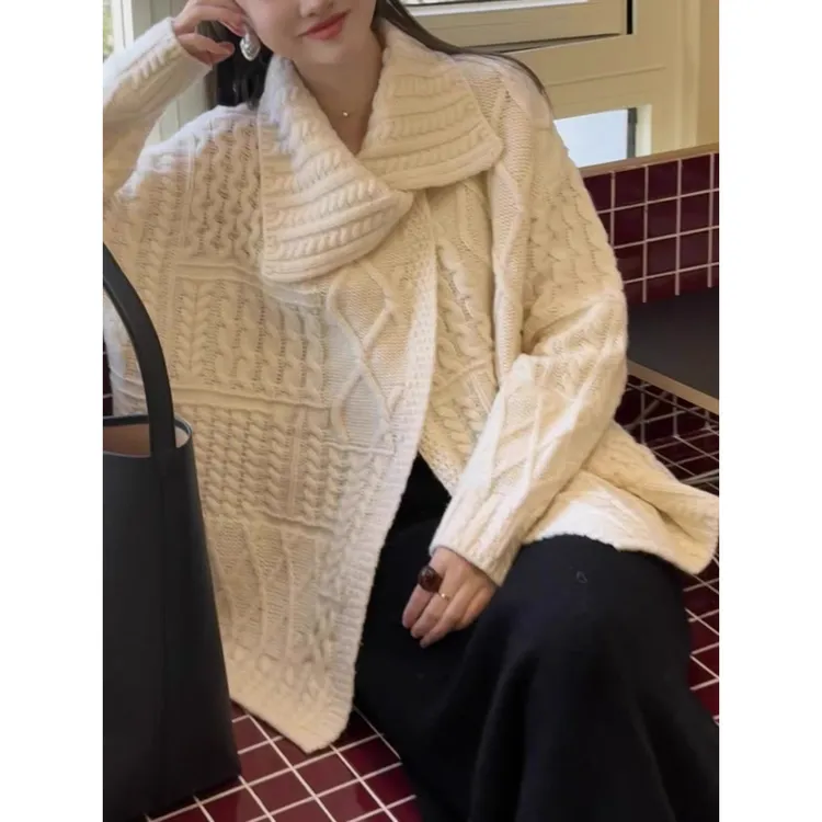 La Chapelle/拉夏贝尔针织老钱风慵懒开衫秋冬外套翻领女长袖毛衣