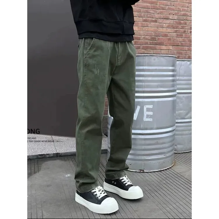 美式男士军绿伐木裤百搭秋冬军绿色磨毛男生百搭弹力休闲直筒裤子