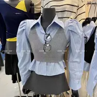 悠悠SHOP新款针织吊带背心女polo领宽松长袖衬衫韩系两件套