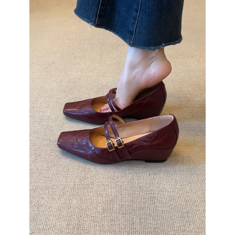 nnmiss·33-40/5.5cm优雅复古风方头浅口双扣带百搭坡跟玛丽珍单鞋