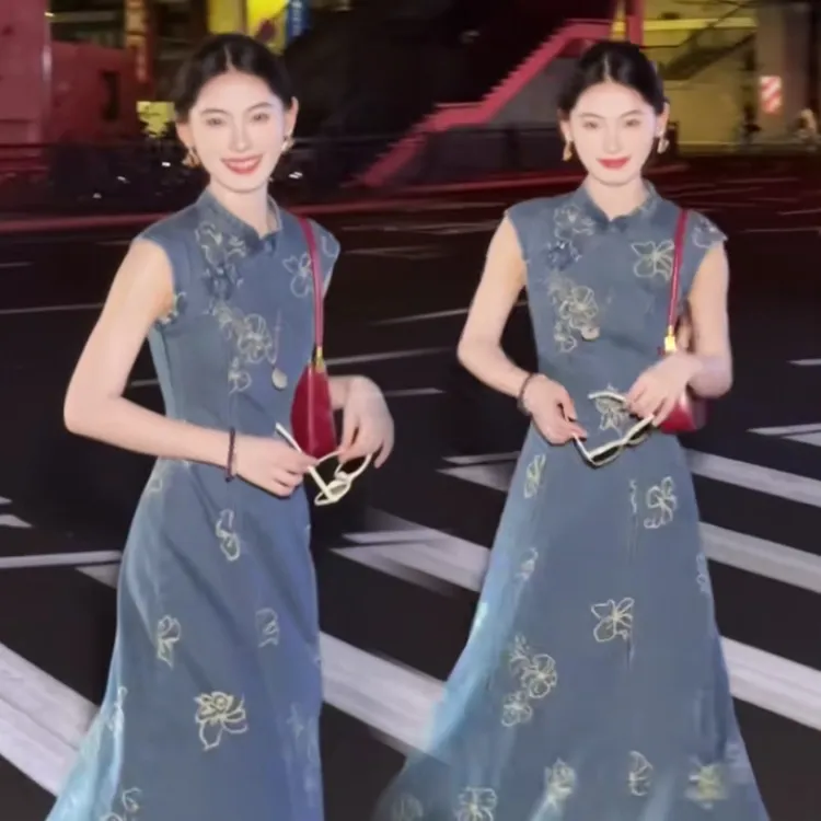 【运费补贴]2025新款时装发布牛仔新中式复古改良旗袍蝴蝶连衣裙
