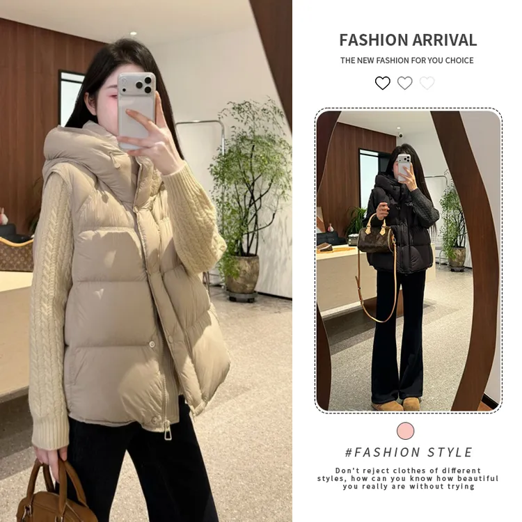 2025年高级感连帽棉服马甲女冬季新款女装保暖泡芙感坎肩马夹外套