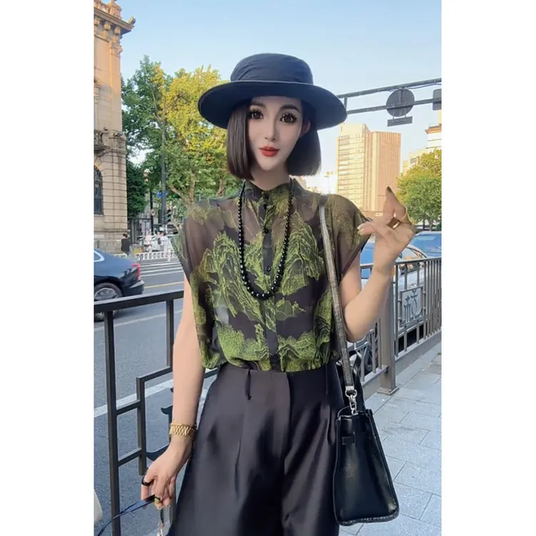 9776时尚气质无袖印花衬衫女装2025夏季新款轻薄显白名媛风上衣