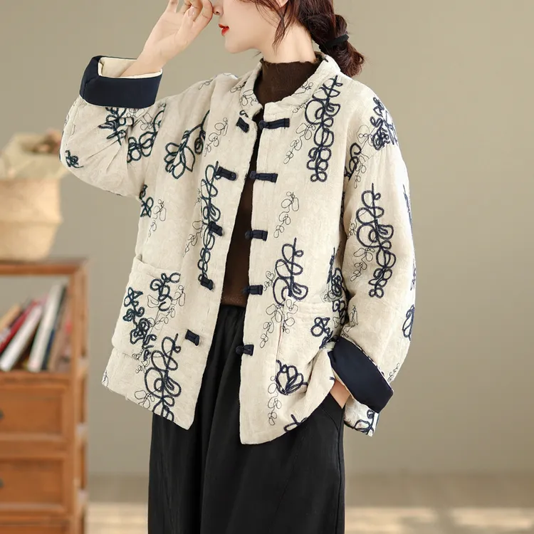 冬季新款系新中式盘扣夹棉加厚棉服女装拼色宽松大码保暖印花棉服
