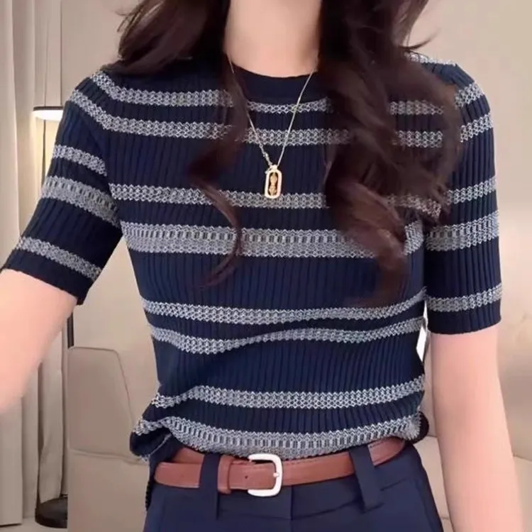 藏青色条纹长袖针织衫秋冬新款修身显瘦百搭圆领打底毛衣女75中袖