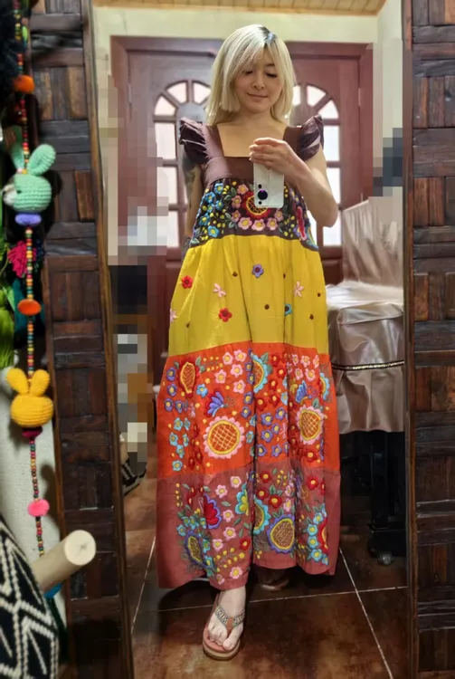 泰国清迈手工刺绣拼接棉麻飞袖长款连衣裙