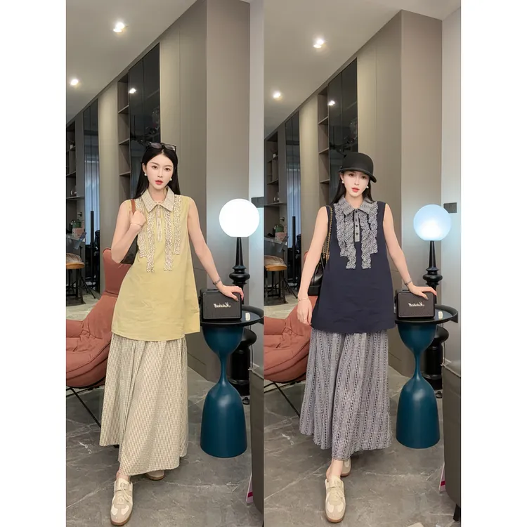 孕妇夏季套装洋气重工无袖背心上衣A字裙子气质减龄半身裙两件套