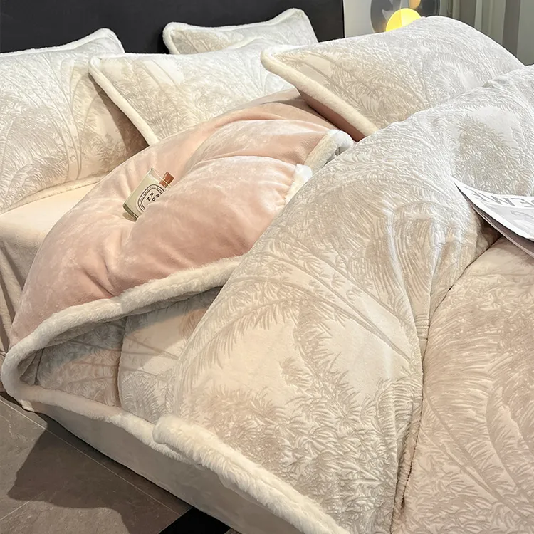 罗莱雅致家纺高档雕花绒床上四件套轻奢高级感牛奶绒床品加厚珊瑚