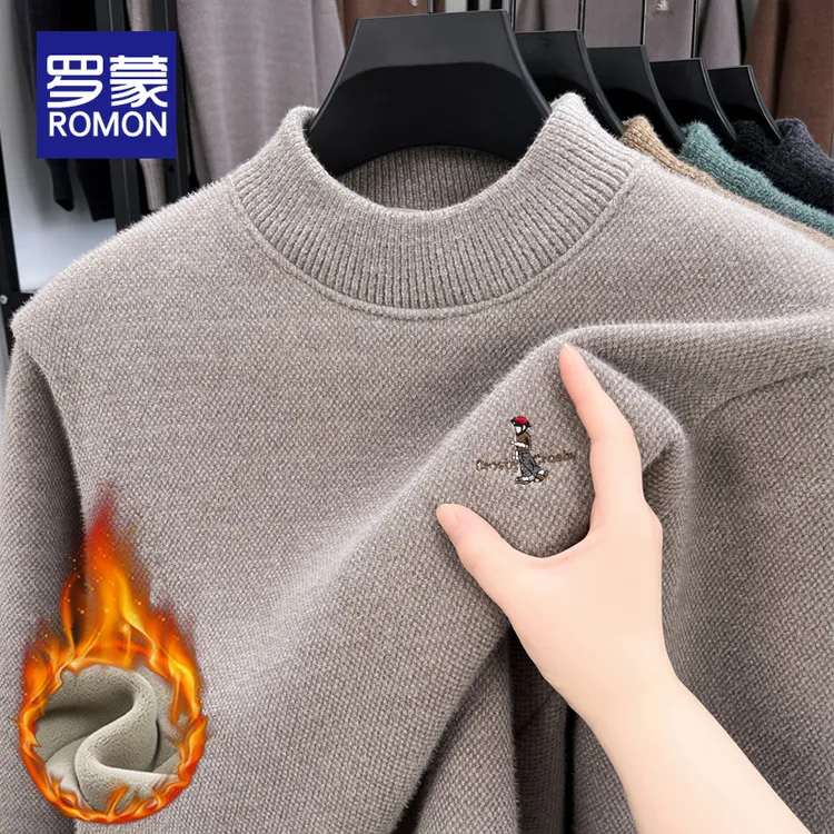 罗蒙男士加绒保暖毛衣男冬季休闲圆领针织打底衫男款套头刺绣上衣