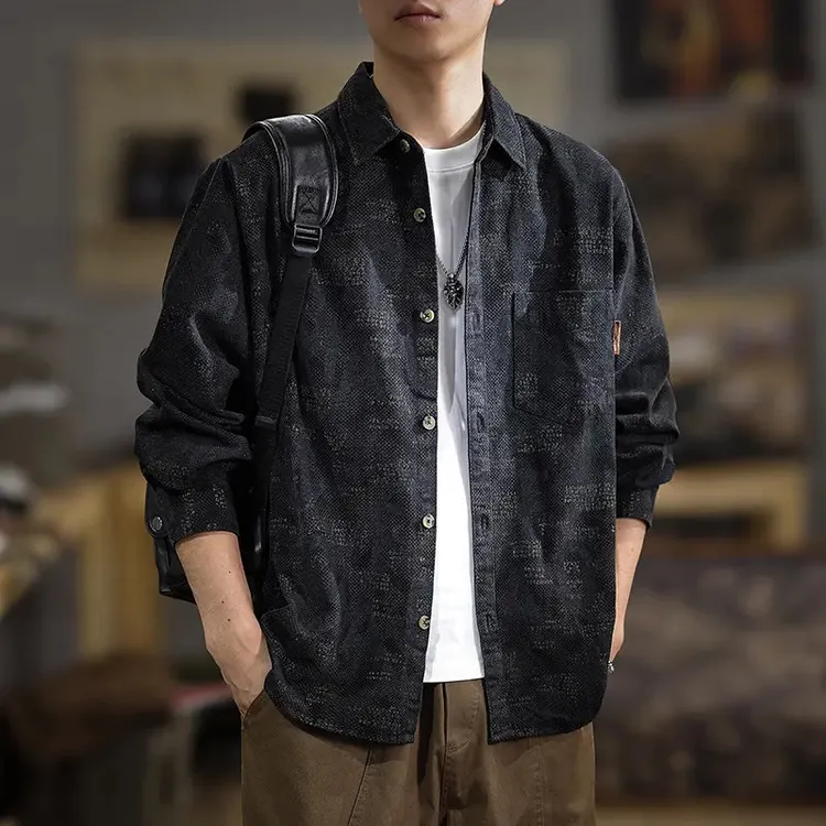 2025新款秋季高级黑色长袖男士衬衫美式春秋潮牌外套韩版百搭上衣