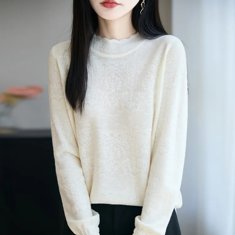 微胖mm春秋大码女士半高领毛衣遮肚子显瘦蕾丝上衣内搭针织打底衫
