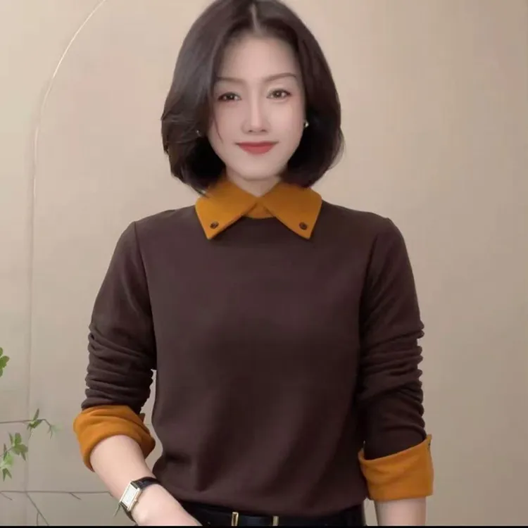 秋冬新款拼色翻领双面绒打底衫时尚妈妈装T恤百搭显瘦减龄上衣女