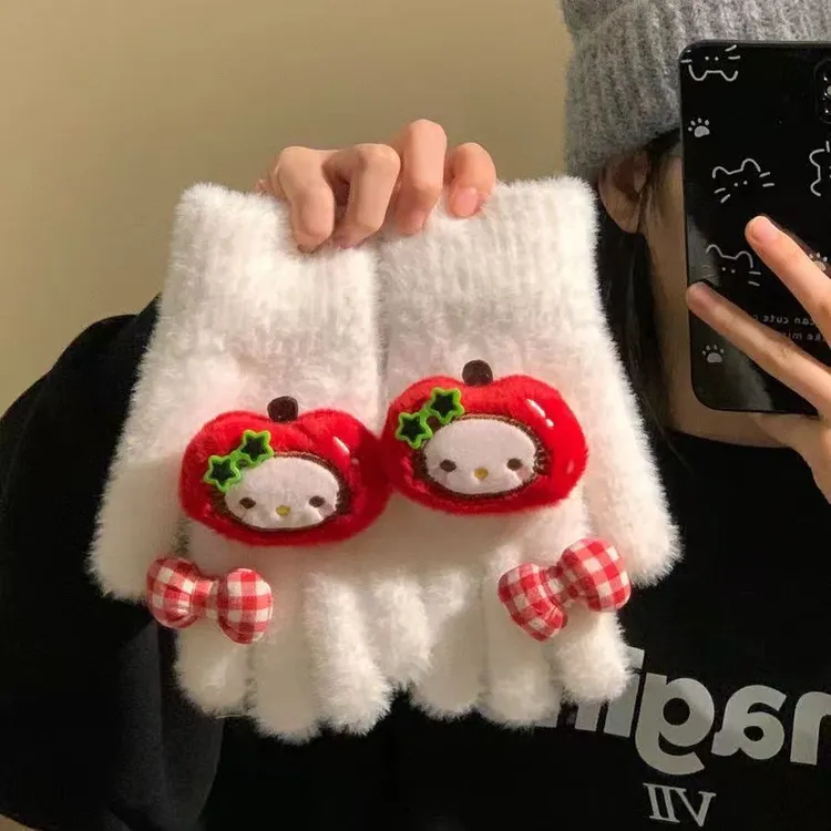 可爱卡通苹果手套女冬天毛绒手套加厚保暖防寒骑行手套学生出游