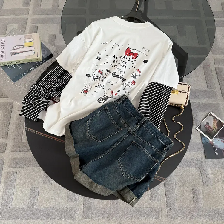 韩版休闲套装早秋新款爆款圆领印花条纹拼接假两件长袖短裤两件套