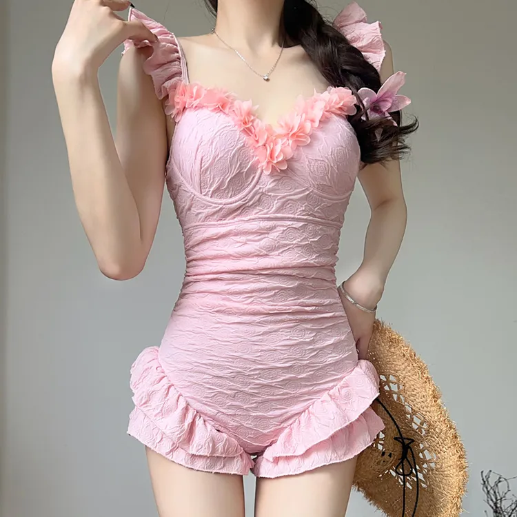 【桃桃微雨】纯欲少女风连体泳衣女高级感荷叶边小胸遮肚显瘦游泳装