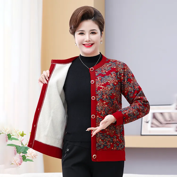 2025秋冬新品轻薄加绒新款外套中老年加厚开衫老太太保暖上衣衣服