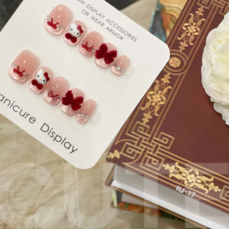 【心悦Kitty】时尚清新纯欲感圣诞结红丝绒蝴蝶结显白美甲穿戴甲