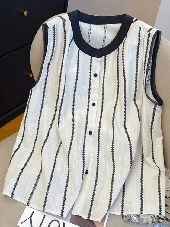 高级感条纹无袖衬衫女夏薄款2025新款宽松撞色小个子坎肩背心上衣