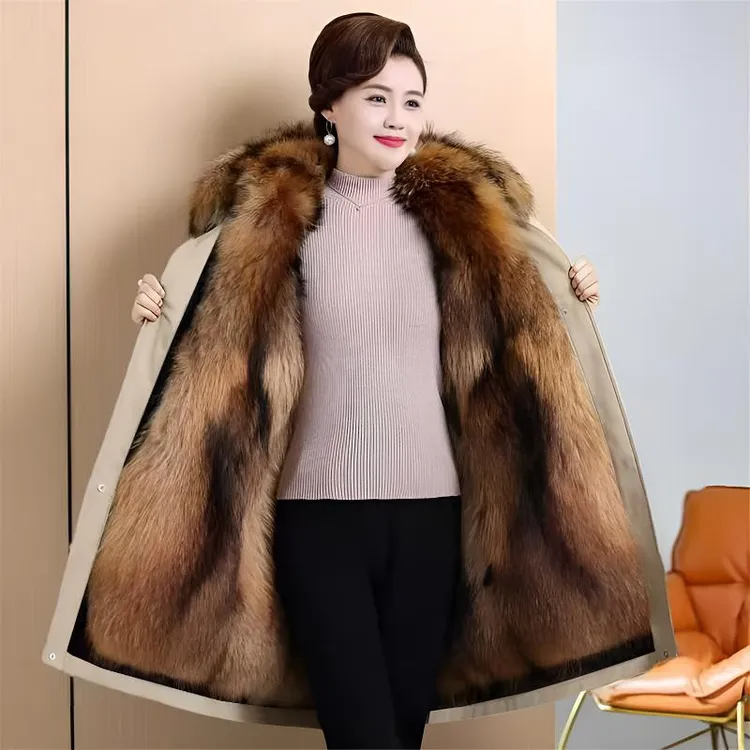 冬季新款海宁派克服女可拆卸内胆皮毛一体加厚暖绒长款大码皮草女