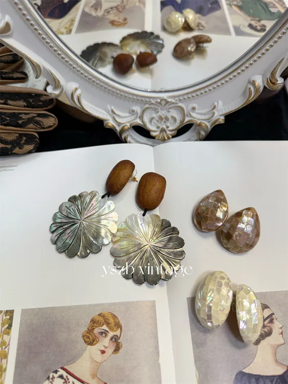 黄铜贝壳耳饰 复古Vintage手作马赛克贝母耳钉木头花朵耳环耳夹