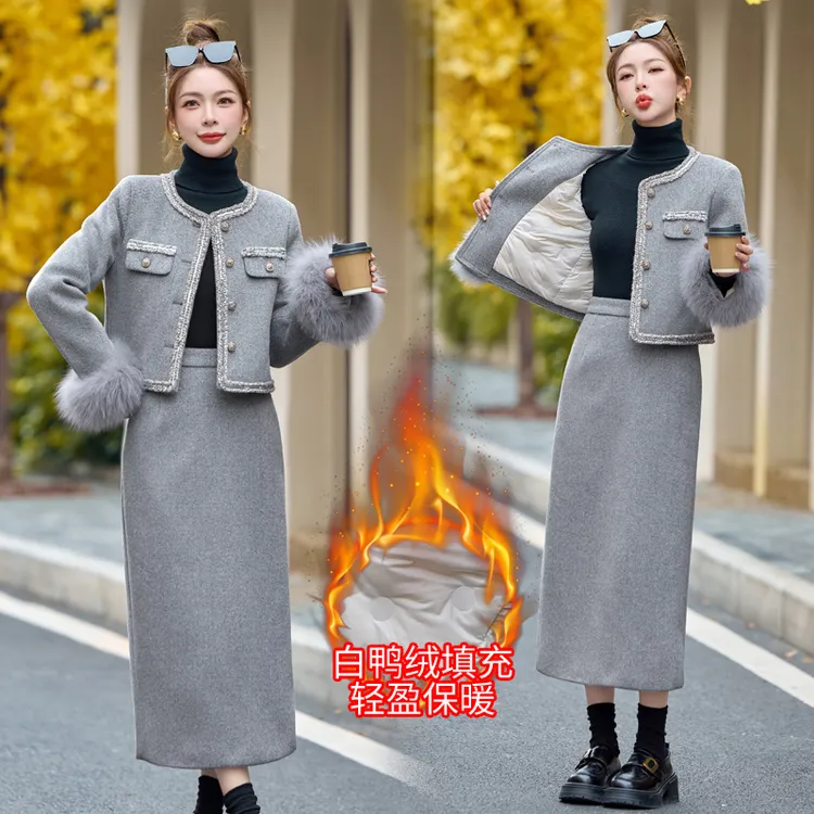 2025新款法式小香重工织带两件套白鸭绒真狐狸毛