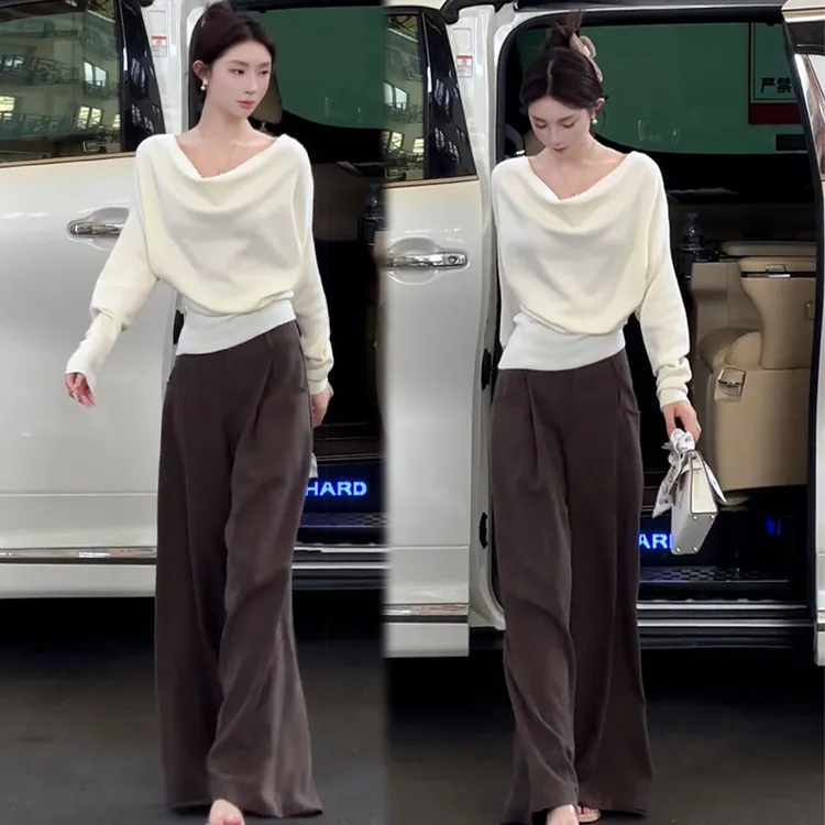 2025秋季新款设计感法式气质辣妹荡领露肩长袖上衣女休闲裤两件套