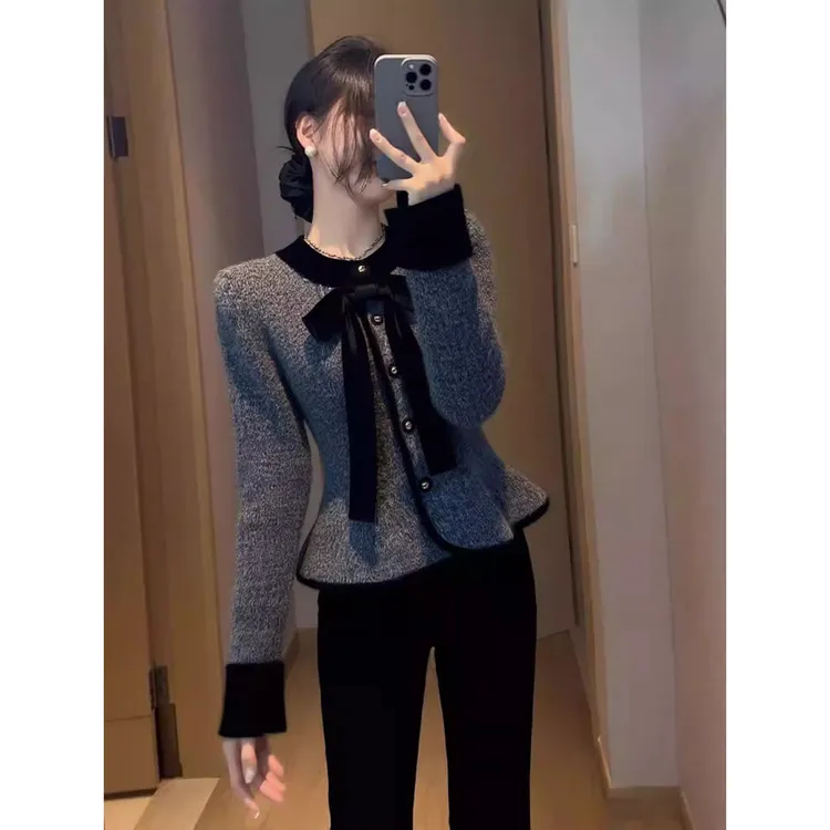 灰色毛衣外套2025冬季新款气质名媛独特超好看蝴蝶结领收腰短上衣