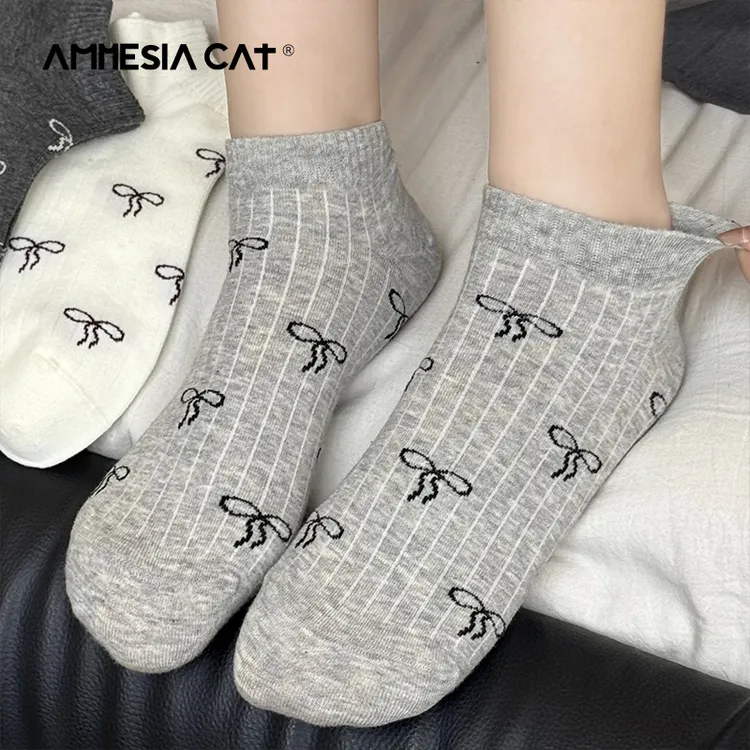 夏季白色蝴蝶结少女感袜子可爱芭蕾风女船袜纯色蝴蝶结点缀春夏款