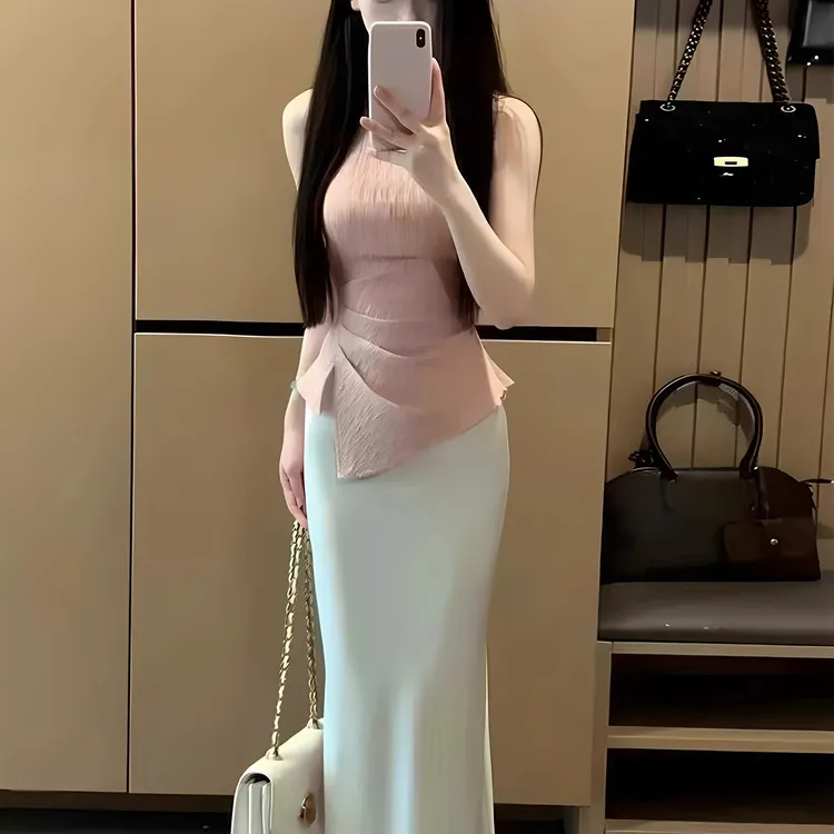 设计感辣妹修身不规则无袖背心女2025夏季新款高腰显瘦半身裙套装