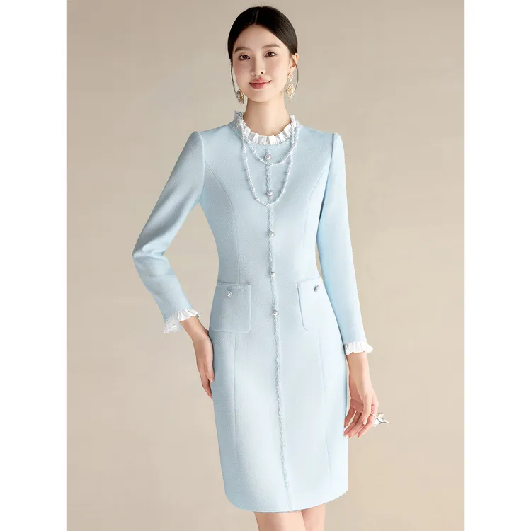 蓝色小香风连衣裙女长袖珍珠播音主持人正装西装裙气质职业装秋季