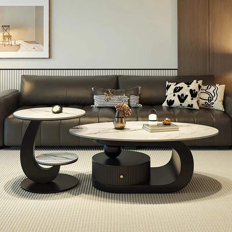 新款意式椭圆形岩板茶几现代简约客厅家用轻奢高级小户型网红组合