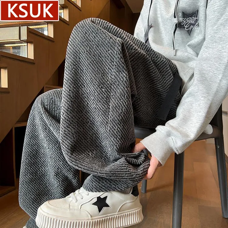 KSUK秋季雪尼尔直筒休闲裤男生潮设计感小众条纹拖地裤宽松长裤子